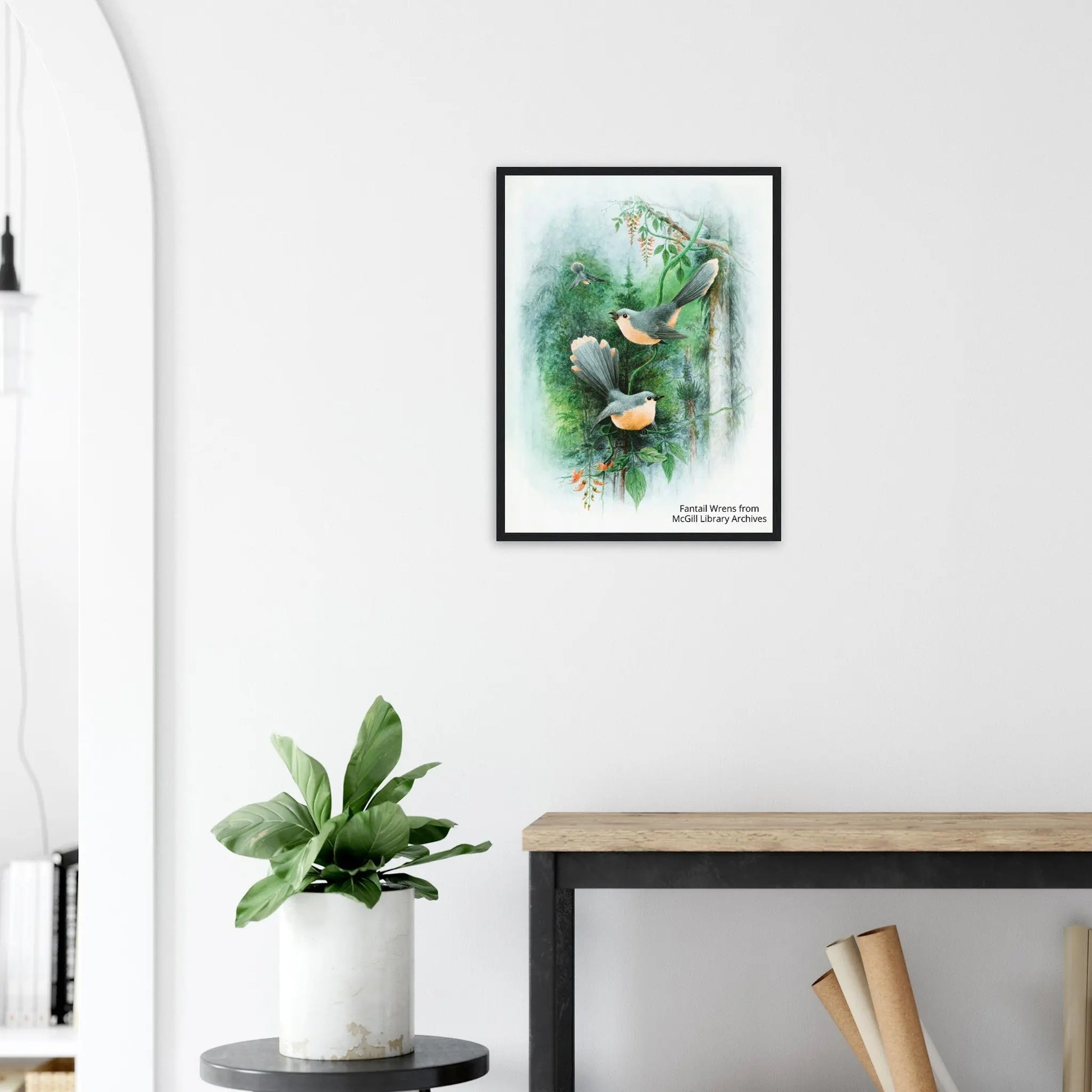 “Premium 🌿Earth-Conscious Pine Wall Art” - Classic Oil Painting Bird and Flower Collections: Fantail Wrens - Canvas Wiggle